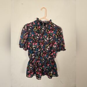 Catherine Malendrino Top Womens XS Ditsy Floral Ruffled Blouse Peplum Keyhole